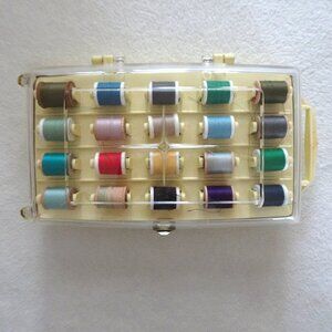 MCM Sewing Box Filled With VTG Thread & Notions William Thomas Plastic Latched